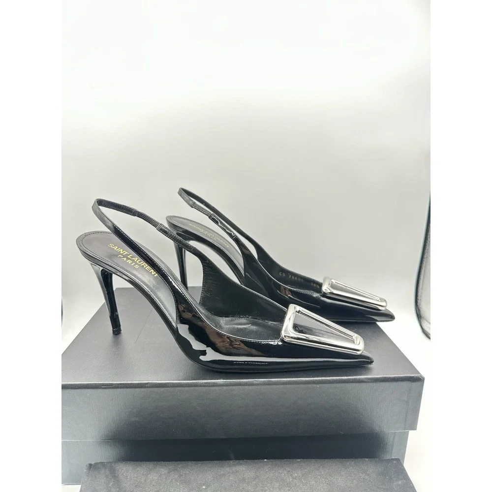 Saint Laurent Avenue Pointed Toe Slingback Pump Shoes Size 38.5 Negro - Picture 5 of 10